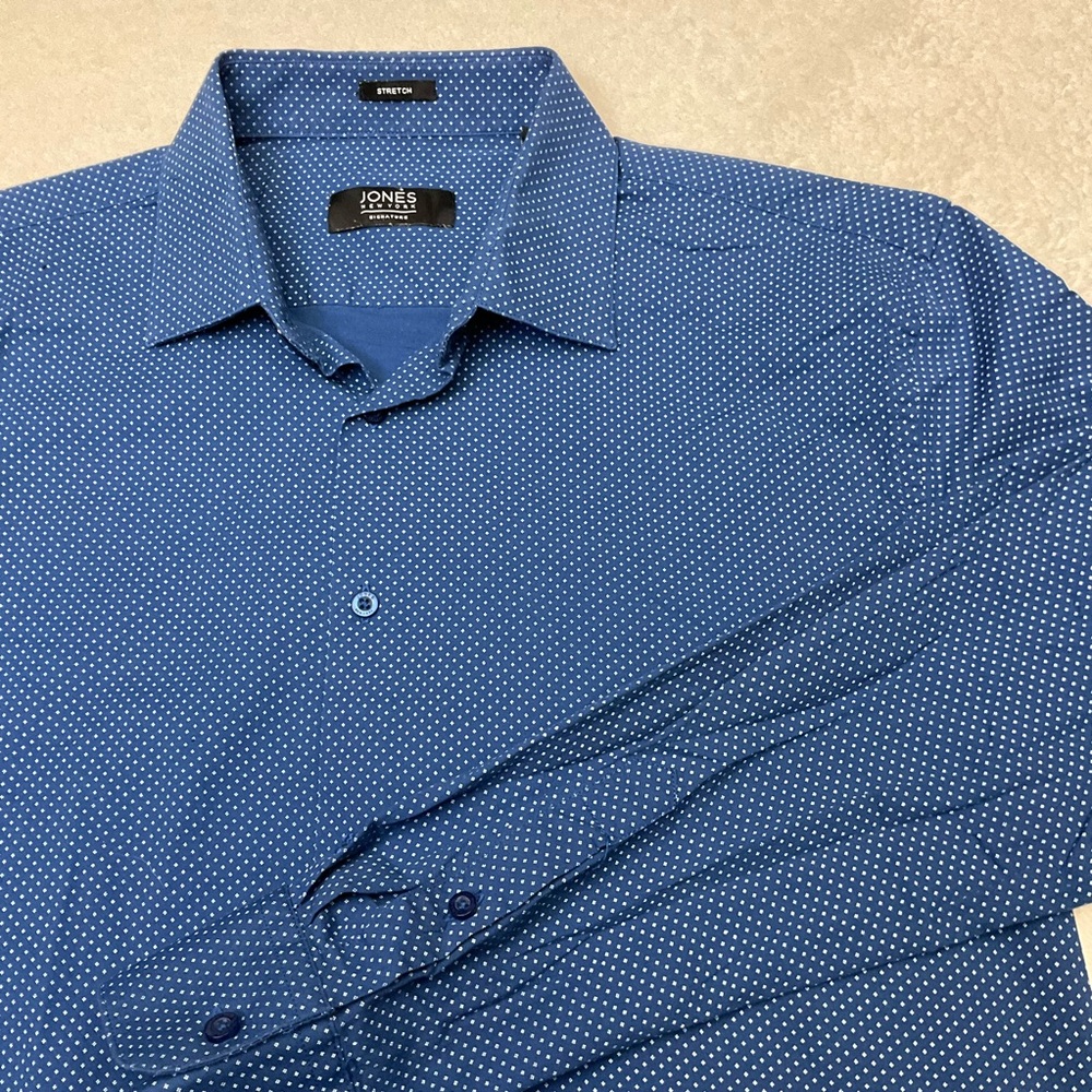 JONES NEW YORK Signature Stretch Blue White Polkadot Long Sleeve Dress Shirt LG